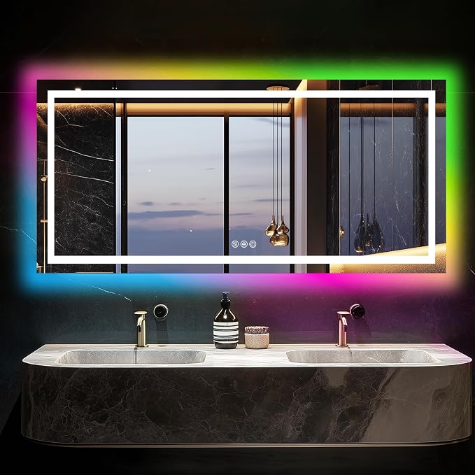 Antok 60x28 LED Bathroom Mirror with Lights, Backlit + Front Lit Vanity Mirror with CRI>90, Dimmable Anti-Fog Smart Mirror with Memory Function, 11 Color Temperatures, Shatterproof Tempered Glass, ETL