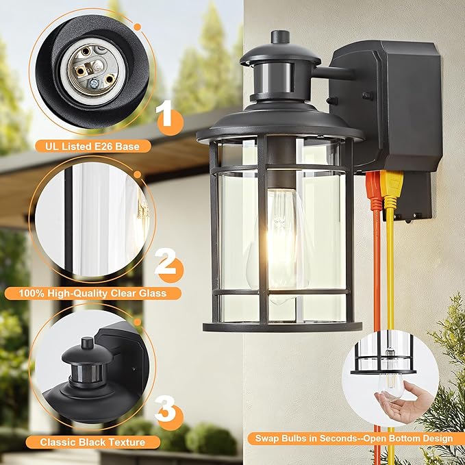 Patio Wall Light Fixture with Dual GFCI Outlets, Outdoor Light with Outlet, Motion Sensor Dusk-to-Dawn, Vintage Industrial Black Lantern, for Porch Patio Garage (2 Pack)