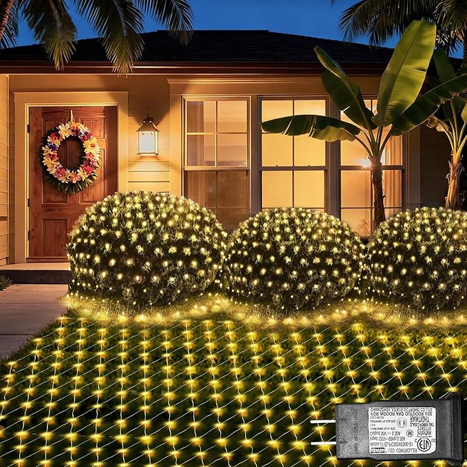 Lovelite 120 LED Christmas Net Lights, 5ft x 5ft Mesh Lights Outdoor 8 Modes Timer, Waterproof Connectable String Lights Clear Wire Plug in for Bushes Lawns Garden Holiday Wedding Party - Warm White