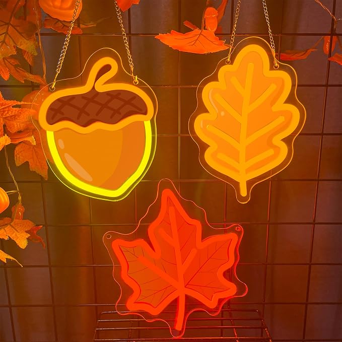 3Pcs Fall Thanksgiving Neon Signs UV-Printed Maple Leaf Acorn Led Neon Sign | USB UV-Printed Autumn Neon Light Up Sign for Mantel Porch Kitchen Wall Decor Harvest Party Thanksgiving Present