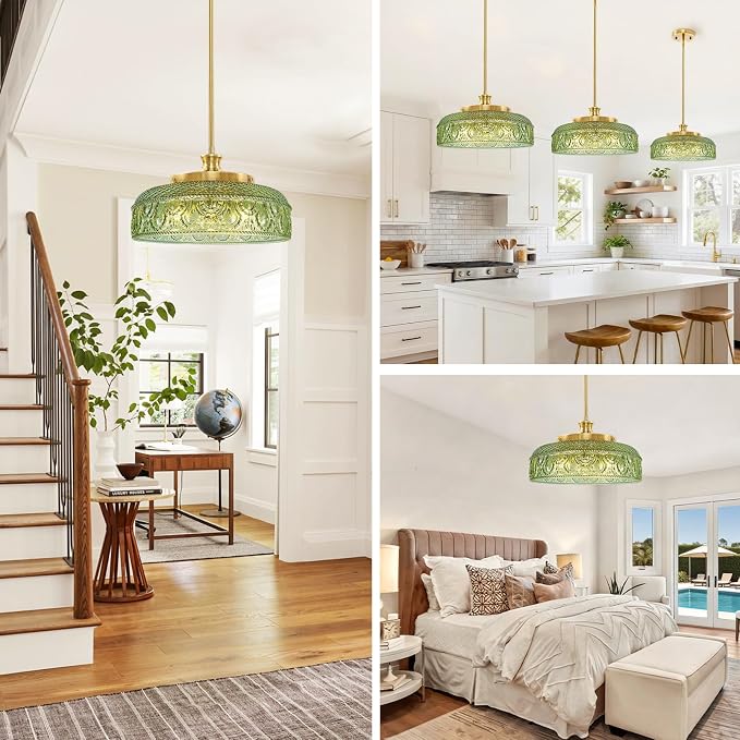 3-Light Pendant Light, Adjustable Pendant Lights Kitchen Island, Green | Farmhouse Pendant Ceiling Hanging Light Fixtures with Glass Shade for Living Room Corridor, Height Angle Adjustable, 3*E12