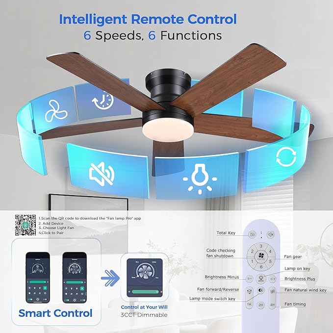 Flush Mount Ceiling Fan with Light and Remote/APP - 48" Low Profile Ceiling Fan with 3CCT Dimmable, 5 Reversible Blades, Modern Indoor Fan Light Fixtures for Bedroom, Kitchen