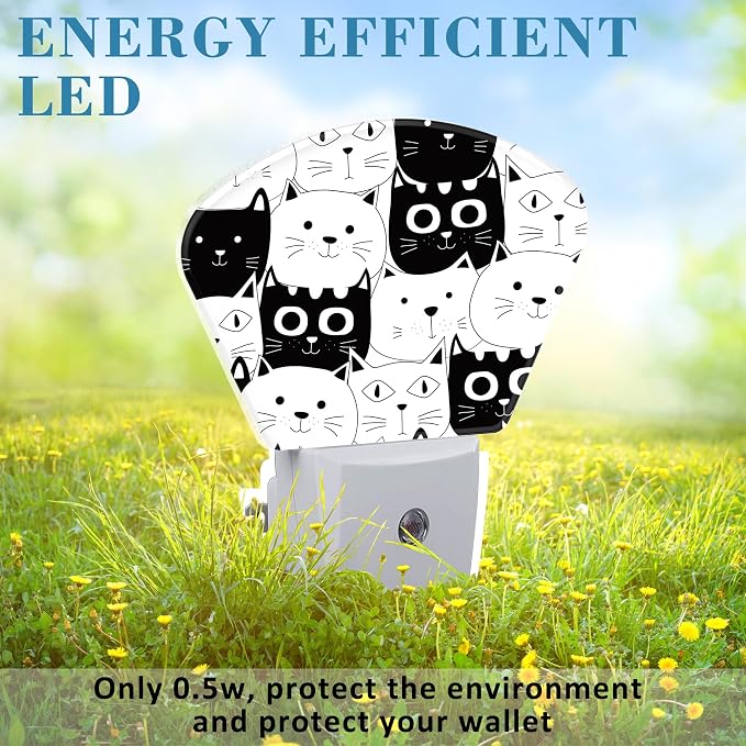 Cute Black and White Cat Night Light for Kids, Doodle Cat LED Night Light Plug into Wall with Dusk to Dawn Sensor for Girls Boys Women Men Room, Hallway, Kitchen, Bathroom, Stairs Decor