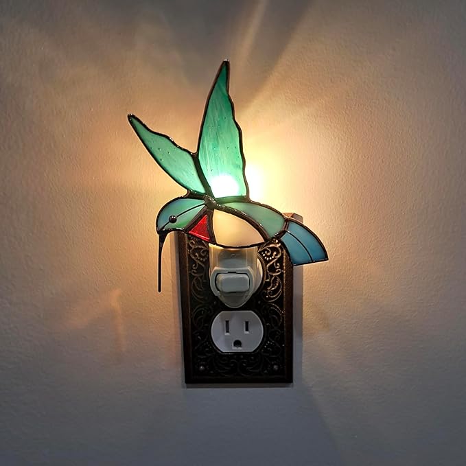 Gift Essentials Hummingbird Plug in Night Light - Stained Glass Nightlight with On/Off Rocker Switch - Includes One 4 Watt Replaceable Incandescent Warm Glow Bulb