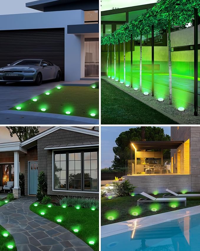 btfarm 16 Pack Solar Lights Outdoor Waterproof, 8 LED Solar Ground Lights | Stainless Steel, Easy-to-Install Flat Solar Disc Lights, Pathway Lights for Garden Lawn Patio Yard Path Landscape, Green