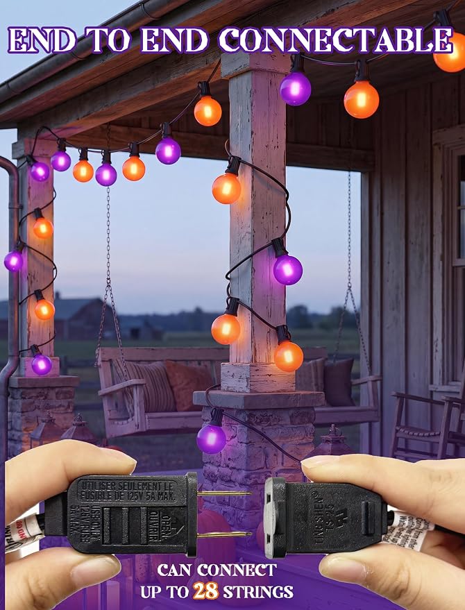 Orange and Purple Halloween Lights Outdoor, 25Ft 27 G40 Shatterproof Bulbs | Connectable Globe Patio Lights, Waterproof Halloween Decorations Lights for Outdoor Indoor Patio Home Party Garden Yard Decor