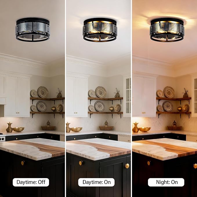 MAYNA 2-Light Round Flush Mount Ceiling Light Fixture,Black Metal Glass Farmhouse Ceiling Light with LED Bulb, Vintage Industrial Ceiling Lamp for Bedroom Kitchen Hallway Entryway