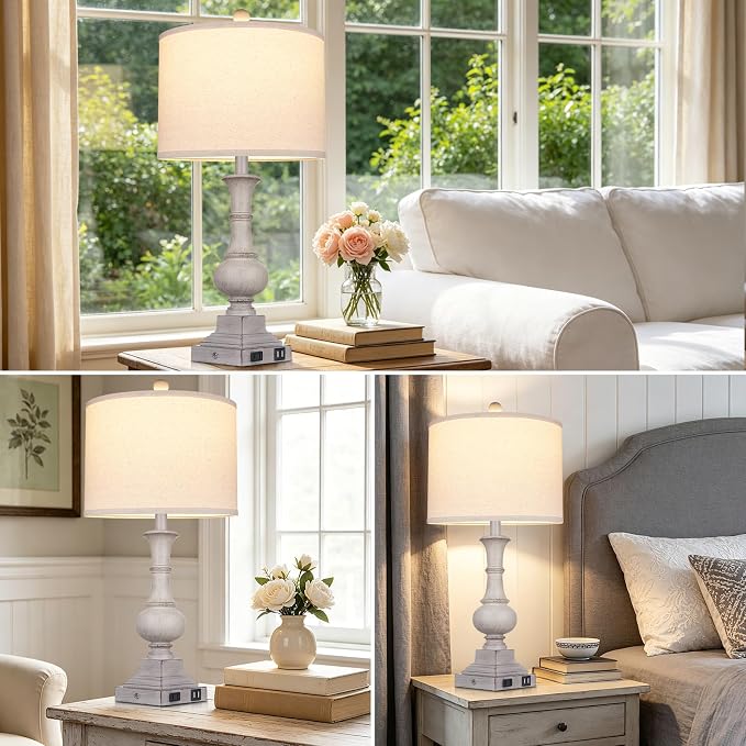 26" Tall Farmhouse Table Lamp for Bedroom, Vintage Touch Control Bedside Lamp for Living Room with USB A/C Charging Ports & AC Outlets,Rustic 3-Way Dimmable Nightstand Lamp for Side Table Antique Gray