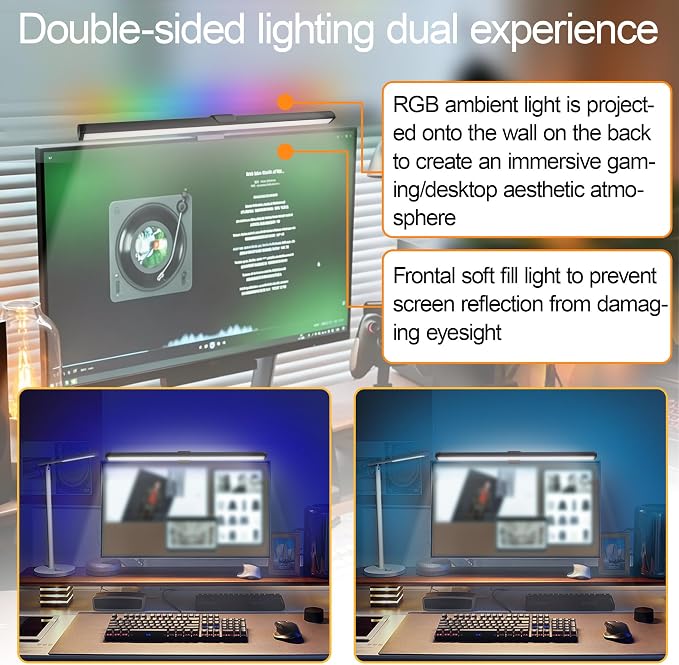 Dual-Sided Screen Light Bar, RGB Atmosphere Backlight & 3 Color Temperatures, Touch Control Non-Magnetic Lamp for Low-Light Eye Care
