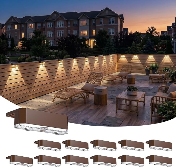 12 Pack Solar Fence Lights Outdoor,Deck Light Solar Powered, IP65 Waterproof Led Riling Solar Lights Brown Frame for Outside Yard Step, Wram White
