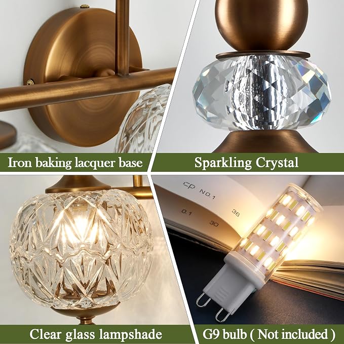 Piepooye Vintage Bathroom Lights Fixtures Gold Vanity Light with Glass Globe LampShade 3 Light Mid Century G9 Bulb Wall Sconce Indoor Vanity Light Over Mirror for Kitchen Bedroom Farmhouse Living Room