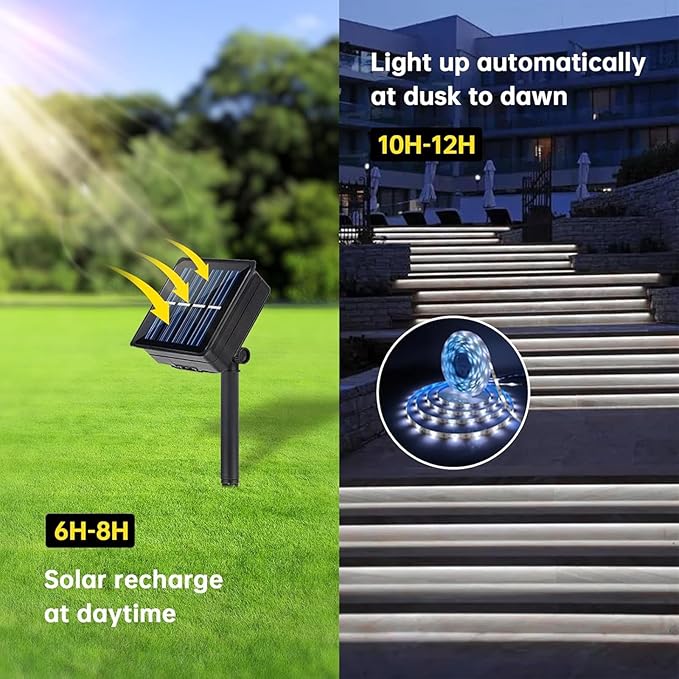 2 Pack Solar LED Strip Lights Outdoor Waterproof 19.6FT 180 LED Solar Powered Rope Light Cuttable 8 Modes for Outside, Garden, Patio, Deck, Fence, Pathway, Stair, Poolside, 6000K White