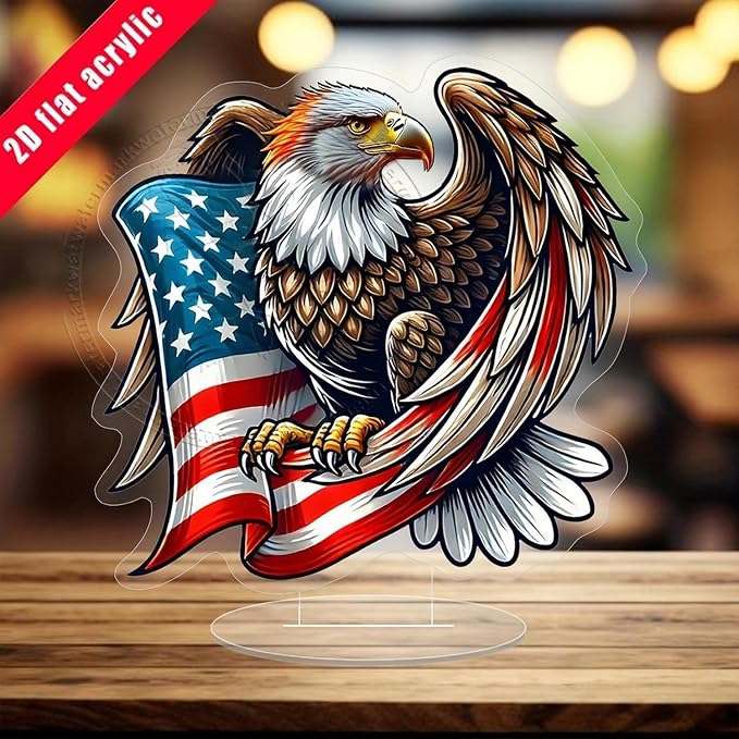 4th of July Desktop Decorative Acrylic USA Flag Eagle Ornaments Decoration 2D Flat Statue Desk Ornament Independence Day Ornaments for Home Desk Dining Table Bookshelf Decorations
