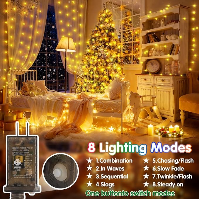 KNONEW 203FT 600LED Green Wire Outdoor Fairy Lights Plug in Warm White Xmas | Timer,Memory,Dimmable,Remote,Waterproof,Green Wire,Invisible in Greenery,for Garden,Wedding,Party, Indoor/Outdoor, Christmas