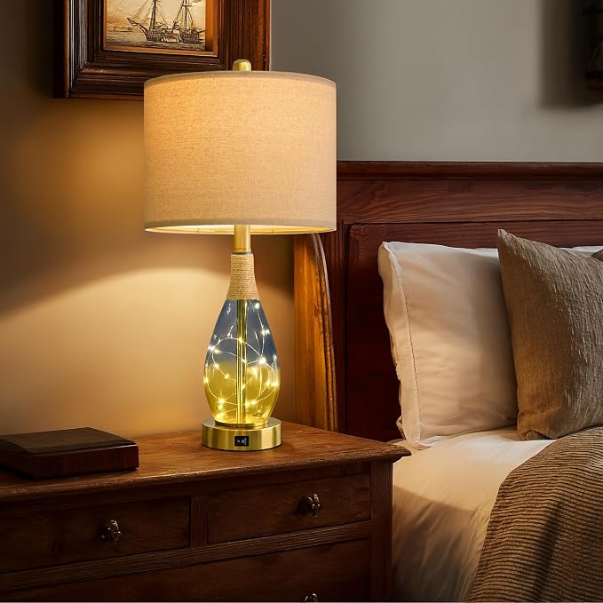 23" Table Lamps for Living Room Set of 2,Bedside Lamps for Night Stands, Rattan Lamps for Bedroom,Farmhouse Lamps with Glass Nightlight,Two Light Points