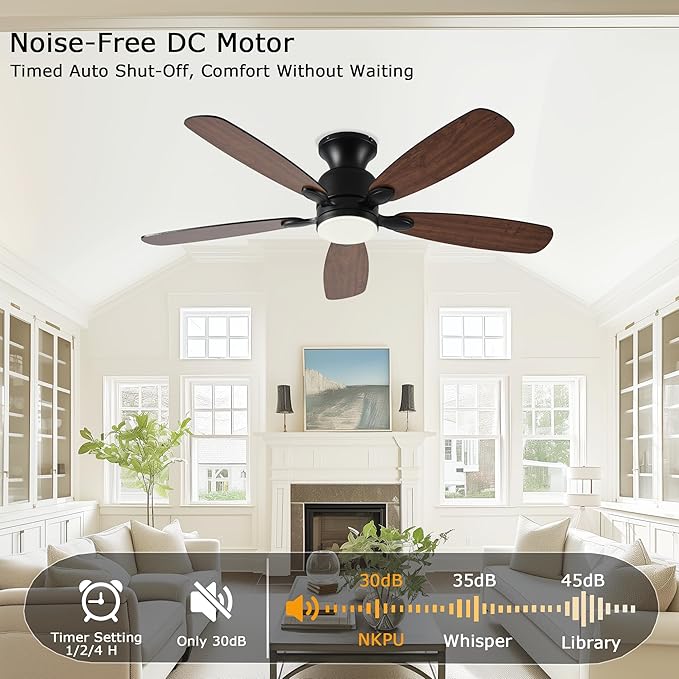 52inch Low Profile Ceiling Fan with Light and Remote/APP Control,Reversible DC Motor,Noiseless,Dimmable,Modern Flush Mount Ceiling Fan for Bedroom,Indoor/Outdoor Use(Brown)