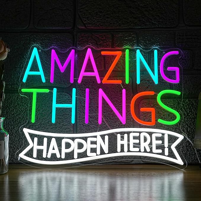 Amazing Things Happen Here Neon Sign Inspirational Rainbow Neon Light USB Powered Amazing Light LED Sign for Wall Decor Bar Club Party Home Room(16.54 * 11.02In)