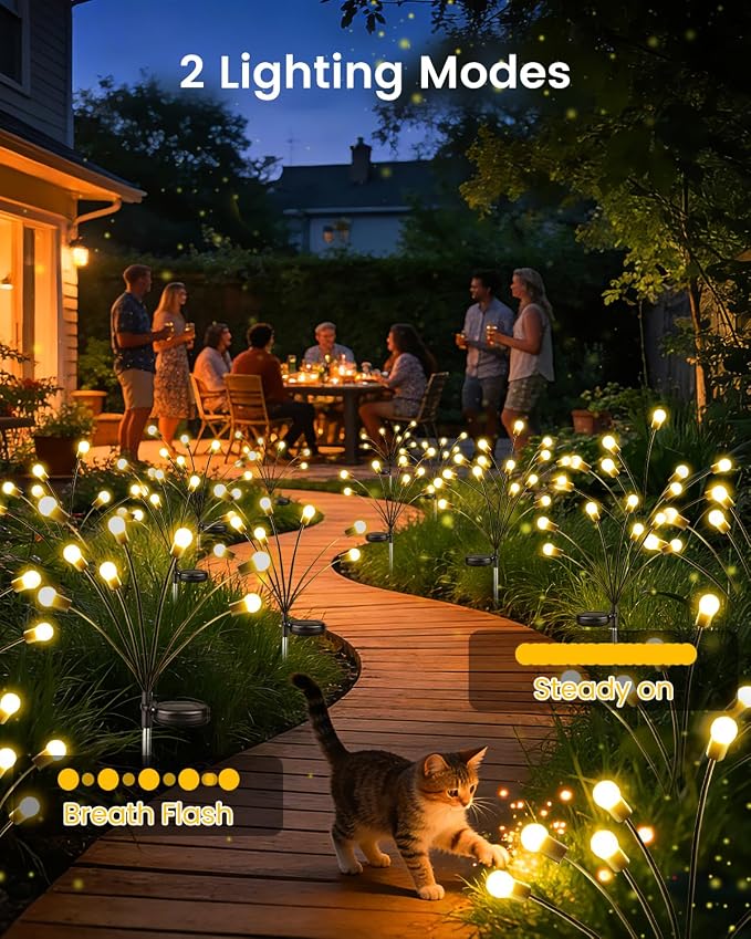 OZS 4 Pack Total 32 LED Solar Garden Lights Fairy Outdoor - Solar Firefly Lights Outdoor, Sway by Wind, Waterproof for Garden Patio Pathway Fairy Decoration (Warm White)