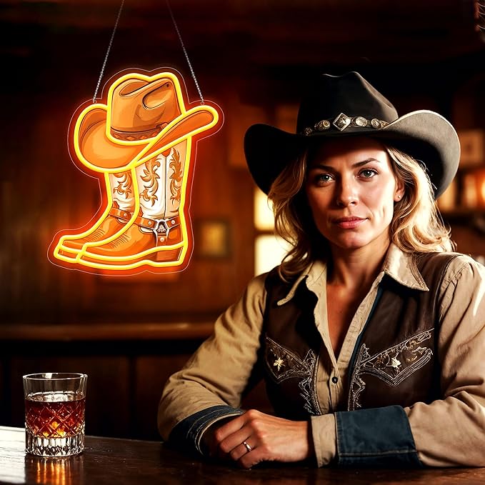 Cowboy Boot with Hat Neon Signs for Wall Decor, Western Cowboy LED Sign Light Up, Dimmable Neon Light for Game Room Man Cave Bedroom Bar Party Birthday Gifts