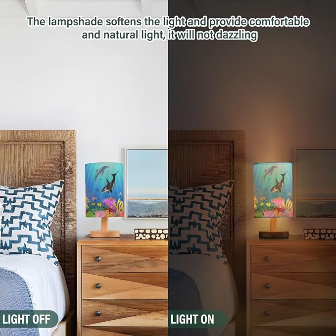 Table Lamp Cartoon Dolphin Killer Whale Sea Fish Coral Underwater in Ocean Nightstand Lamp with Wood Base Fabric Lamp Shade Bedside Desk Lamp for Living Room Bedroom Kids Room Office