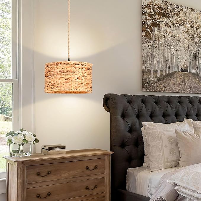 Rattan Plug in Pendant Light Boho Hanging Lights with Plug in Cord & Dimmable Switch,Indoor Hanging Lamp Plug in Wicker Woven Lampshade for Living Room Bedroom Dinning Island