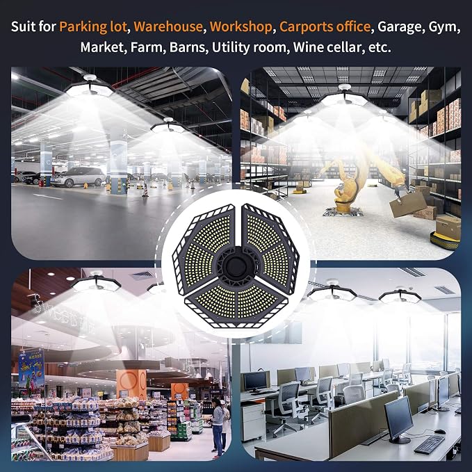 KERNOWO LED Garage Lights, 140W 18500 Lumens Garage Ceiling Lighting, 6000K Daylight with Deformable Three Panels Light Fixture E26/E27 Triple Glow LED Shop Light for Basement Workshop Warehouse