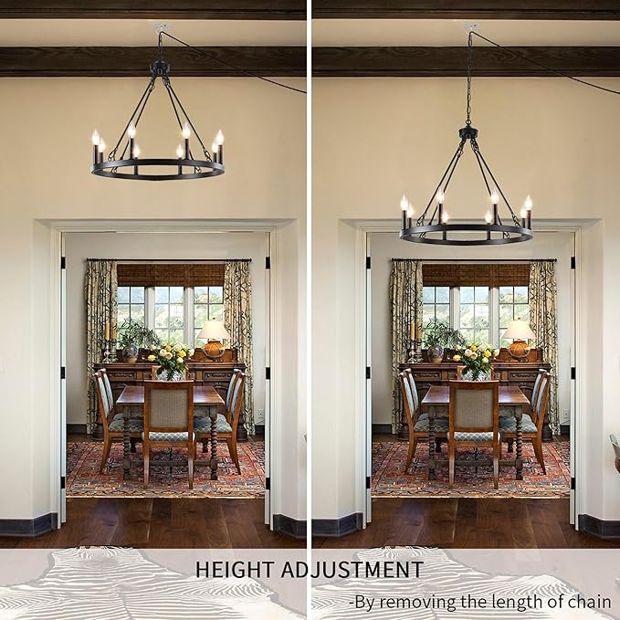 LASENCHOO Plug in Wagon Wheel Chandelier 8 Lights Dia 23.6" Black Round Farmhouse Chandeliers for Dining Room Light Fixture, Hanging Lights with Plug in Cord 16.4ft & Switch for Gazebo Hallway Foyer