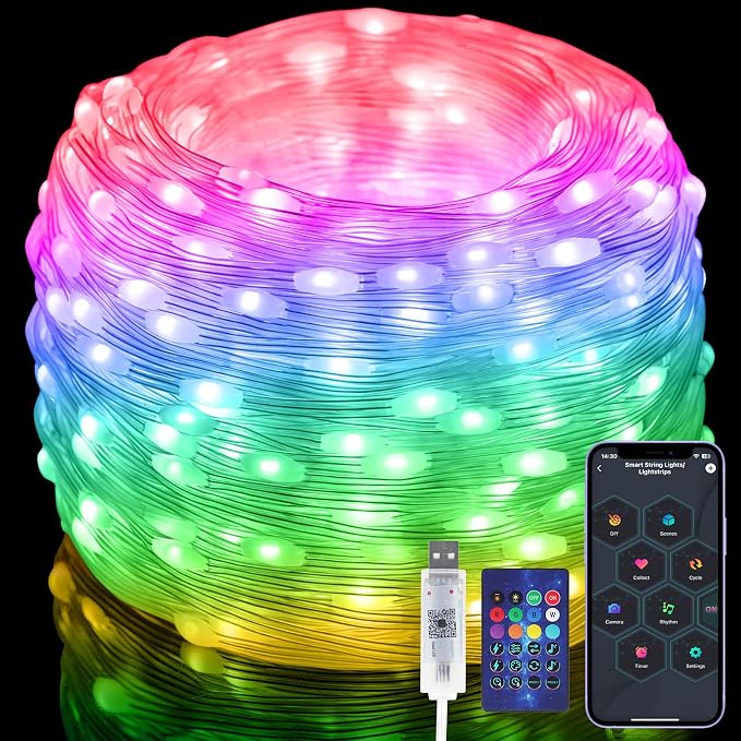 RGB Smart IC Fairy Lights, 49FT/15M 150 LEDs Multicolor String Lights | APP & Remote Control, Music/Voice Sync Color Change, IP65 Waterproof String Light for Christmas, Wedding, Bedroom, DIY