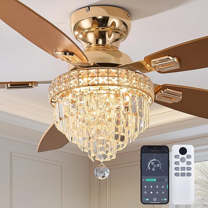 Crystal Ceiling Fan Fandelier with Lights-Ceiling Fans with Lights,54" Low Profile and Remote Control, Flush Mount, Reversible, Dimmable, Noiseless,Gold Ceiling Fan for Bedroom