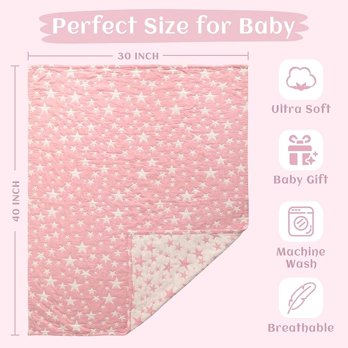 NTBAY 3 Layer Muslin Toddler Blanket, 30 x 40, Pink Star | Breathable Muslin Cotton Outer Layers with Light Thermal Fill, Reversible for Stroller, Daycare, Travel, and Supervised Use