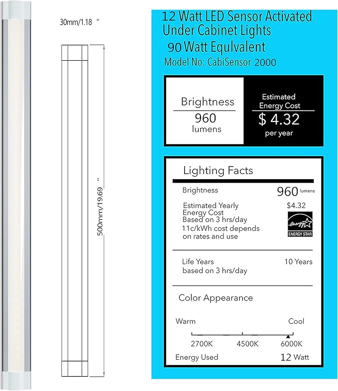 Under Counter Light Fixtures LED Under Cabinet Lighting Plug in,Dimmable Undercabinet Lights with Manual Sensor Control,6000K Cold White,Kitchen,Shelf,Desk,Tool Box Hutch Light,2PCS