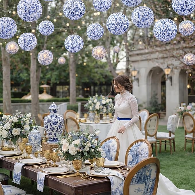 12 Pcs Chinoiserie Party Decor Blue White Porcelain Paper Lantern | 10", Blue and White Porcelain Paper Lantern, Chinese Hanging Decor for Classroom Wedding Birthday Party Baby Shower Home