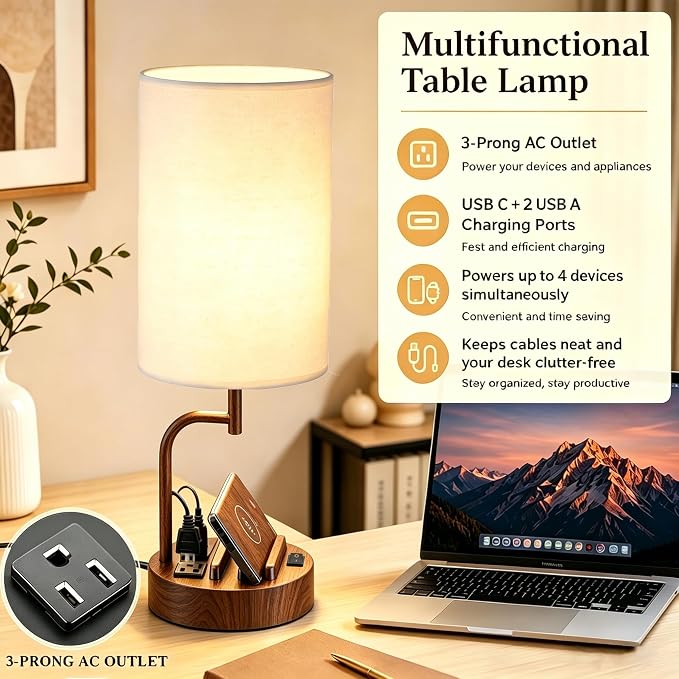 Dreamholder 2 Pack Table Lamp, Bedside Lamp with 3 USB Charging Ports & AC Outlet, USB Desk Lamp with 2 Phone Holders, Linen Fabric Shade Nightstand Lamps for Bedroom Living Room Office, Walnut