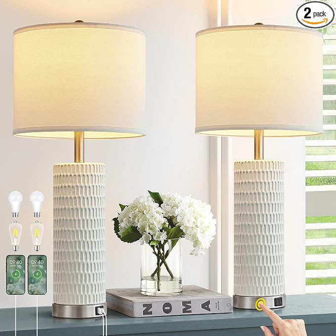 Reaketon 26.5" Ceramic Table Lamp Set of 2, 3 Way Dimmable Touch Control Table Lamp with 2 USB Charging Ports for Bedroom Living Room, Modern Nightstand Lamp End Table Lamps, Bulbs Included