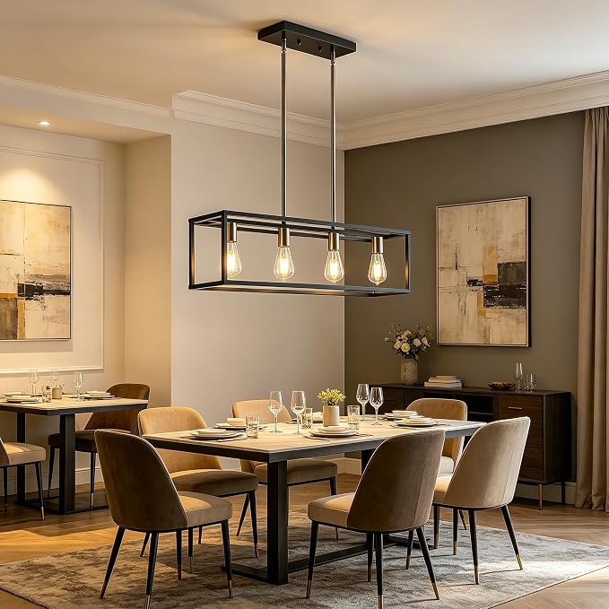 Black&Brushed Nickel Kitchen Light Fixtures Farmhouse Rectangle Chandeliers Dining Room Light for Dining Rooms, Light Fixture Matte 4-Light Industrial Pendant Lighting