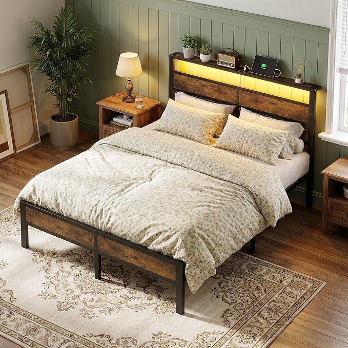 Queen Size Bed Frame with LED Lights and USB Type C Charging Headboard | Brown Metal Platform Bed, Charging Station, Storage Shelf, Noise Free, No Box Spring Needed