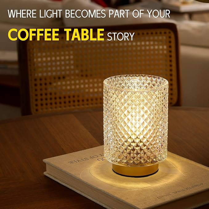 Battery Operated Lamp,Cordless Glass Accent Table Lamp with Timer for Bedside,Small Decorative Lamp with Warm White LED Bulb for Nightstand/Bookshelf/Entryway/Tabletop/Counter Decor(Iridescent Clear)
