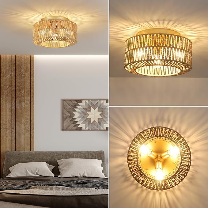 PAUFUL Boho Light Fixtures, 3-Light Farmhouse Rattan Ceiling Light, Flush Mount with Hand-Woven Shade, Modern Chandelier for Living, Bedroom, Entryway, Kitchen, Nursery