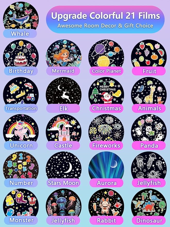 21 Sets of Films + Projector Night Light for Kids, Kids Night Light Projector for Bedroom, Ceiling, Star Galaxy Projector with 360° Rotation for Baby Girls, Birthday, Christmas, Nursery, Room Decor