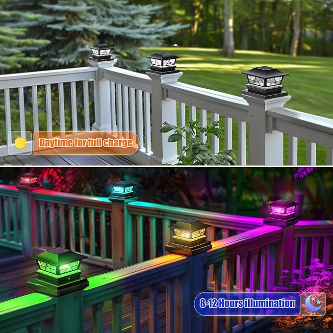 Viewsun Solar Post Lights Outdoor Waterproof RGB Color Changing Modes Fence Post Cap Lights, Deck Post Lights Solar Powered for 4x4 5x5 6x6 Wooden or Vinyl Yard Garden Patio Decor, Black(4 Pack)