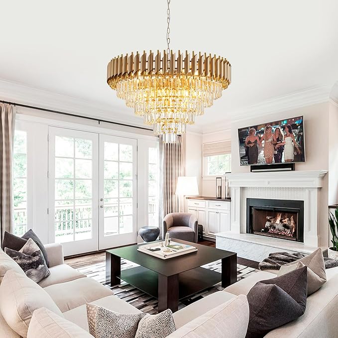 Large Crystal Chandelier 30" Modern Hanging Crystal Pendant, 6 Tiers K9 Crystal Ceiling 16 Lights Fixtures, Round Pendant Lighting Large Chandelier for Entryway Dining Room Staircase