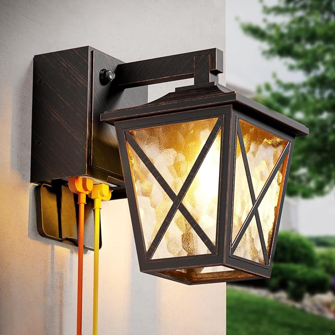 Ehaho Porch Lights with Outlet, Dusk to Dawn Outdoor Light with Outlet Built-in, Waterproof Anti-Rust Lantern Outside Light with GFCI Outlet, Wall Sconce Light with Plug for Front Door (Bronze 1 PC)