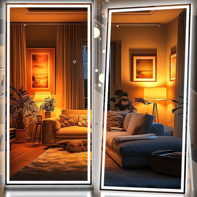 Hasipu Full Length Mirror with Lights, 95" x 40" LED Lighted Floor Standing, Full Body Dressing Hanging Mounted Mirror, Tempered Glass, Square White