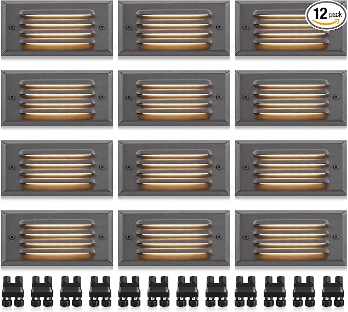SUNVIE 5W Low Voltage Step Lights 6 Inch Outdoor Aluminum Brown, 12-Pack | Landscape lights, 12-24V AC/DC, 3.2FT ETL Listed Wire, with Fastlock2 Connectors, Horizontal Louver, for Stairs, Step, Fences