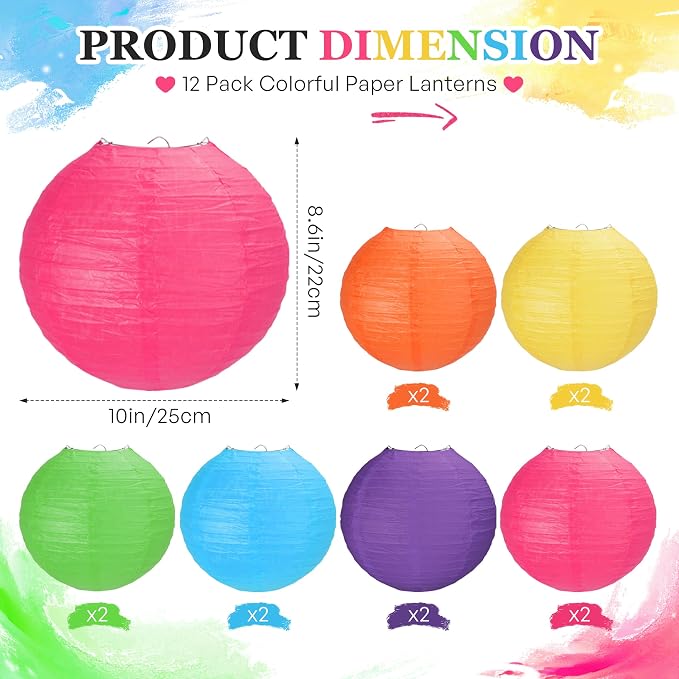 Qenk 12 Pcs Colorful Paper Lanterns, 10" Hanging Paper Lanterns for party | Paper Lanterns Party Decorations for Classroom Party Wedding Birthday Valentine's Day
