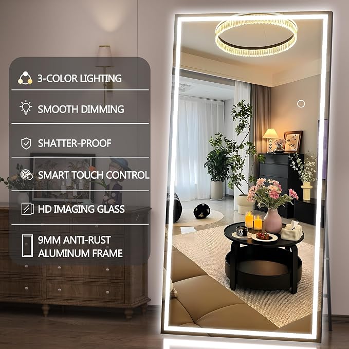 Hasipu Full Length Mirror with Lights, 71" x 27.6" LED Lighted Floor Standing, Full Body Dressing Hanging Mounted Mirror, Tempered Glass, Square Black