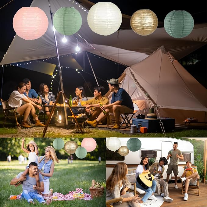 12Pcs Paper Lanterns 6”, 8”, 10”, 12”,Paperlanterns Party Decoration, Sage Green Gold Ivory Pink Paper Lanterns for Wedding, Bridal, Birthday, Outdoor, Home, Garden, Holiday and Party.