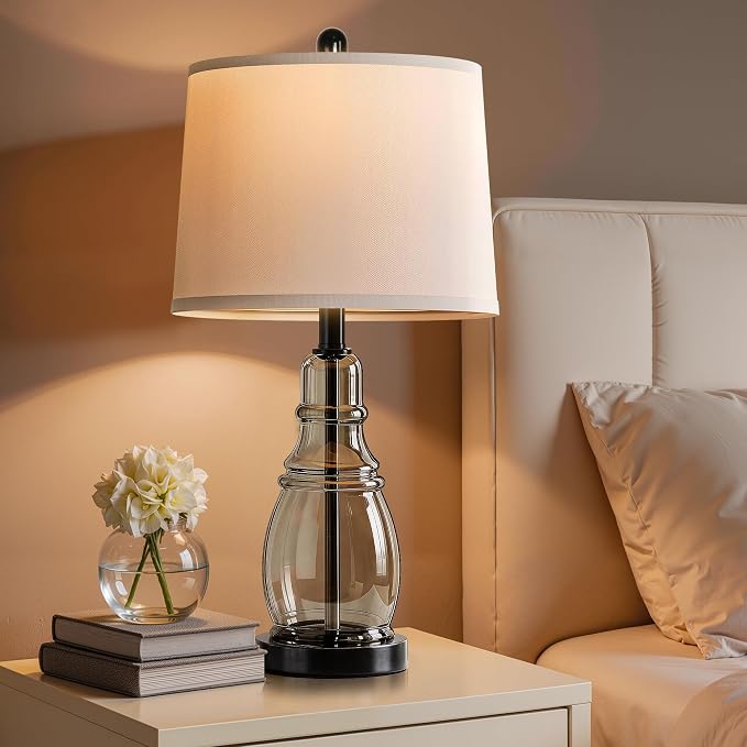 ROTTOGOON Glass Table Lamp Set of 2, Modern Table Lamps for Living Room Bedroom, Bedside Desk Lamps Vintage Nightstand Lamps with Linen Shades, 22", Black