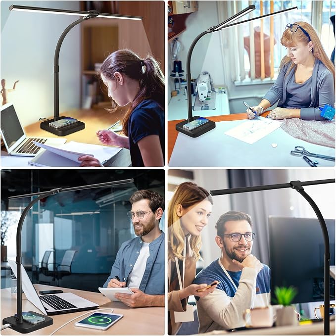 ShineTech LED Desk Lamp, 24W Double Head Desk Light with Wireless Charging | 5000K Daylight White, 25 Lighting Modes, USB Port, Dual Swing Arm, Eye-Caring, Auto Timer & Memory for Office Dorm Piano Nail