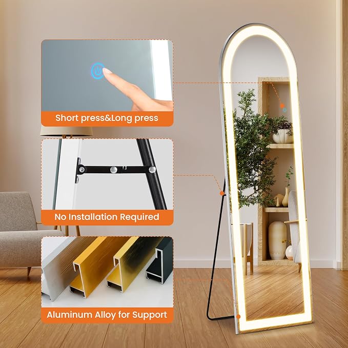 Arched Full Length LED Mirror, 61‘’x16‘’ Floor Mirror with Stand 3 Lights | Hanging Mounted Mirrors with Adjustable Light Modes for Outfit Checks, Room Decor, Bedroom Accessories and Dressing Areas